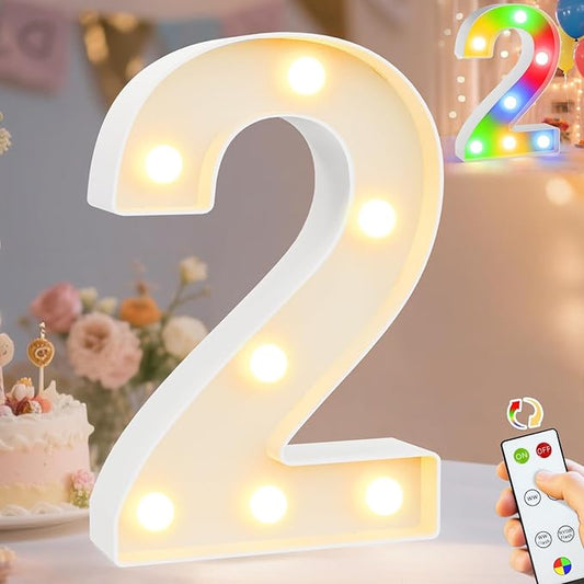 Pooqla LED Light Up Numbers 2, Warm White and Colorful Lighted Marquee Numbers with Remote, Lighted Numbers for 2nd 21st Birthday Decorations, Gift for Girls Boys Her Him Anniversary Home Party Decor