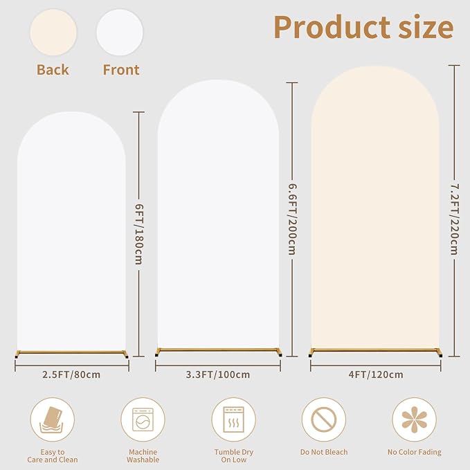 Double Color Arch Backdrop Cover Set of 3 - 6ft/6.6ft/7.2ft Wedding Spandex Fitted Covers for Round Top Arch - Baby Party Birthday Banquet Shower (White+Cream)