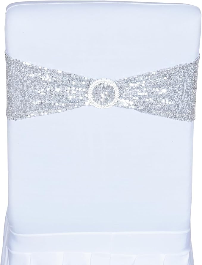 SquarePie Pack of 10 Sequin Chair Sashes Bands Glitter Silver Double-Sided Sequins Stretch Chair Cover Bows with Buckle Slider for Wedding Party Fiesta Banquet Decor