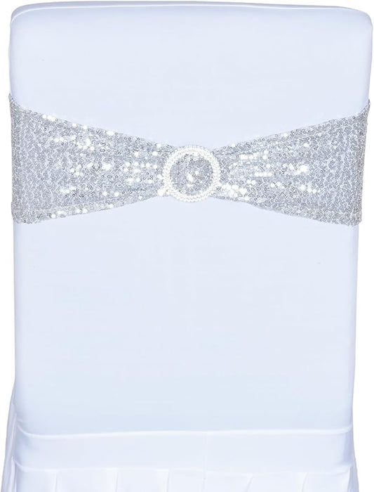 SquarePie Pack of 50 Sequin Chair Sashes Bands Glitter Silver Double-Sided Sequins Stretch Chair Cover Bows with Buckle Slider for Wedding Party Fiesta Banquet Decor