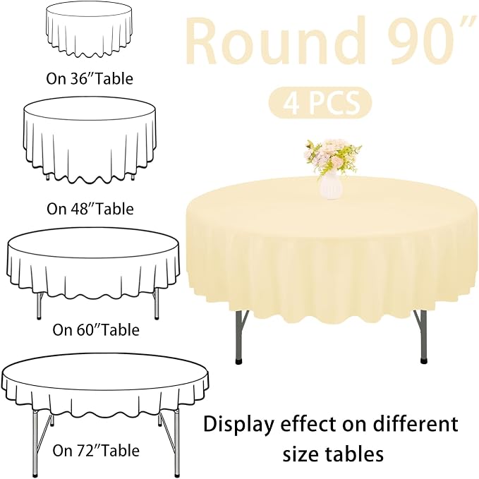 4 Pack 90 Inch Round Tablecloth Polyester Washable Table Covers for Wedding Dining Table Buffet Parties Banquet Decor（Champagne）