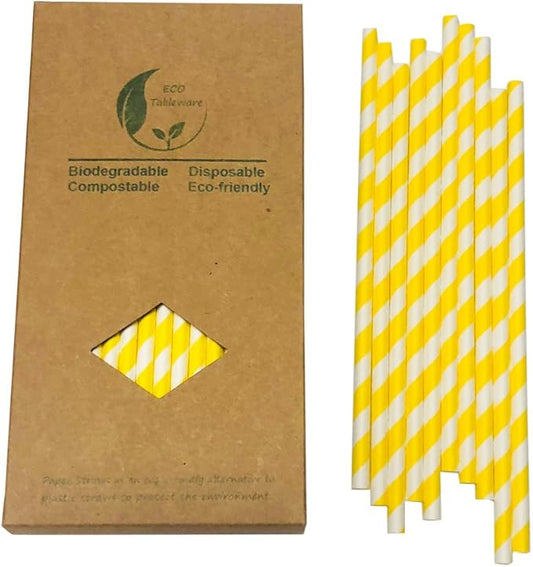 Yellow White Striped Paper Straws, Pack of 100 Disposable Yellow Lemon Drinking Straw for Cockatil, Cake Pop Sticks, Candy Sticks, Anniversary, Birthday Party Supplies