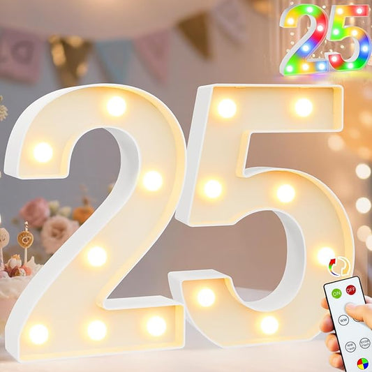 Pooqla 25th Birthday Decoration for Her Him, Decorative LED Light Up Numbers, Marquee Numbers 25 Sign for Party Backdrop 25th Wedding Anniversary Decor Gift, Warm White and Colorful Number 25