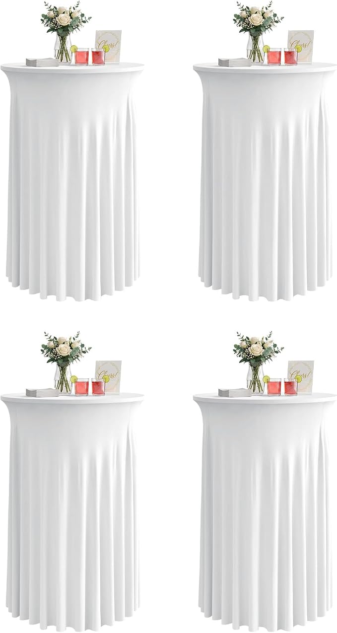 KeyWave Cocktail Table Tablecloth with Skirts - 32x43 Inch Wavy Spandex High Top Cocktail Table Covers, Ruffle Drape Highboy Tablecloth Reusable for Party Wedding Cake Standing Table, White, 4 Pack