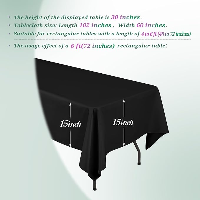 Teruntrue 12 Packs Tablecloths 60x102 inch Black Rectangle Table Cloth for 6 Foot Rectangle Tables, Washable Polyester Fabric for Wedding Parties Banquet Holiday Dinner Table Decorative, Black