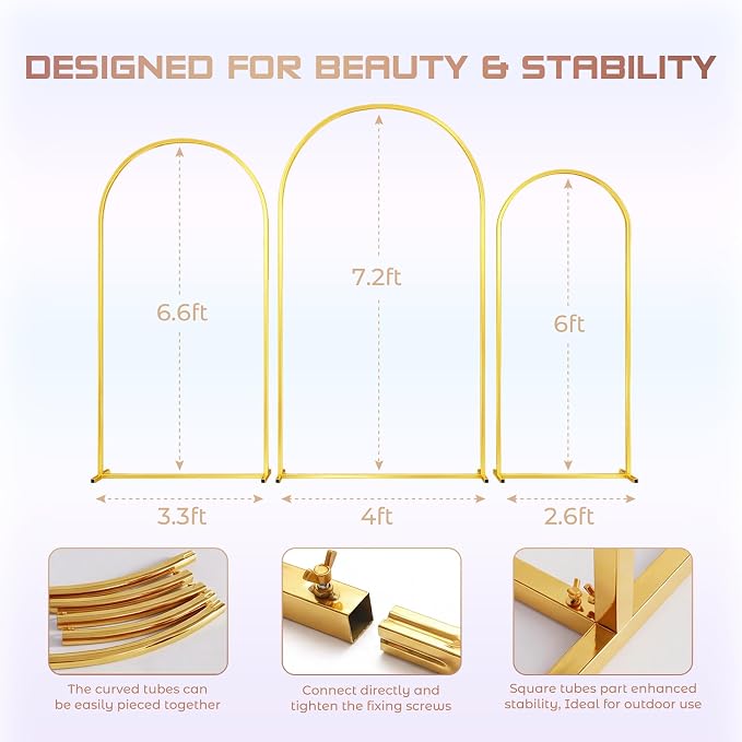 Toolterritary Wedding Arch Backdrop Stand 7.2FT, 6.6FT, 6FT Set of 3 Gold Metal Balloon Arch Stand with Stable Base, Banner Stand, Photography Backdrop, Party, Birthday, Baby Shower Decor
