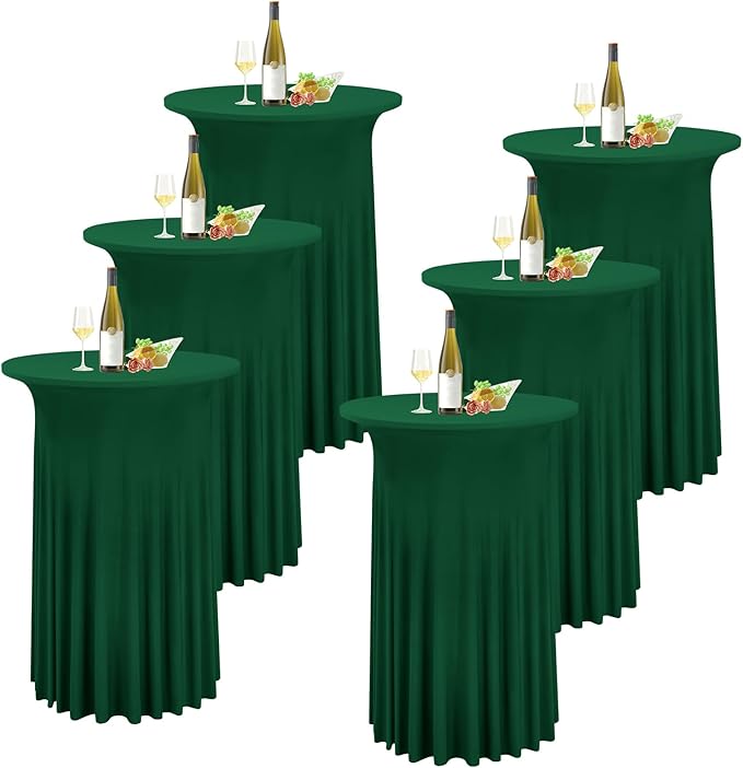 6 Packs Round Cocktail Table Skirt 32"x 43" Spandex Stretch Cocktail Tablecloth with Wavy Drapes, Dark Green Spandex Fitted High Top Table Covers for Wedding Bar Party Birthday Banquet Table
