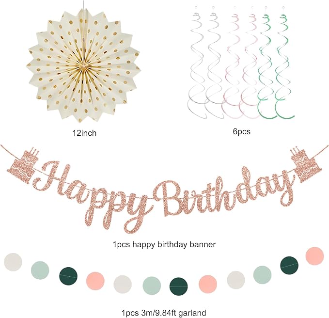 Pink Sage Green Birthday Party Decorations, Happy Birthday Banner with Honeycomb Balls, Paper Flowers, Fans, Lanterns, Circle Garland for Boys Girls, 1st Birthday, Garden Party Decor 19pcs