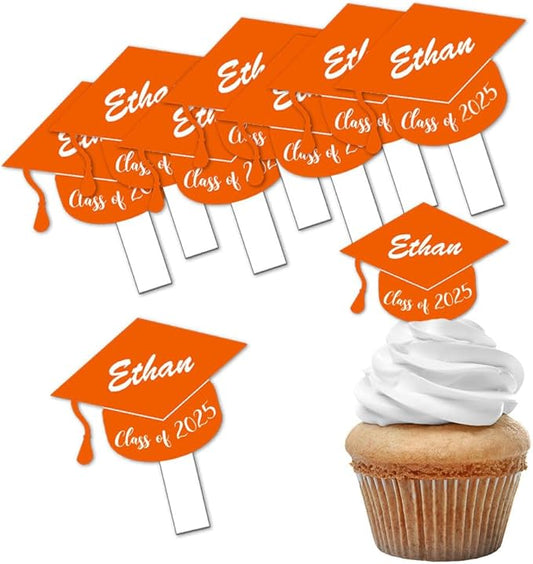 Graduation Cupcake Toppers Class of 2025 Cake Toppers Orange School Colors Student or Party Theme Acrylic Cake Accessories or Food Picks - 12 Piece Set