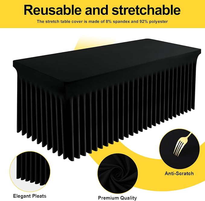 Smiry Spandex Tablecloth, Elastic Fitted Stretch Tablecloth for 6FT Rectangle Tables, Waterproof Washable Table Cover Skirt for Outdoor, Wedding, Banquet & Parties (Black, 72Lx30Wx30H Inch)