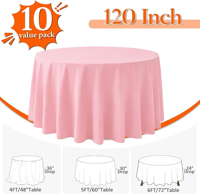10 Pack Pink Round Tablecloth 120 Inch Round Table Cloth Wrinkle Resistant Pink Tablecloth Washable and Reusable Polyester Fabric Table Covers for Banquet Wedding Party Dining Buffet