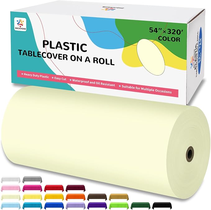 54IN X 320FT Plastic Table Cover Roll with Cutter Box, Cut to Size Plastic Table Cloths for Parties, Birthday, Disposable Tablecloth Roll for All Shape Tables (Beige, 54 Inch X 320 Feet)