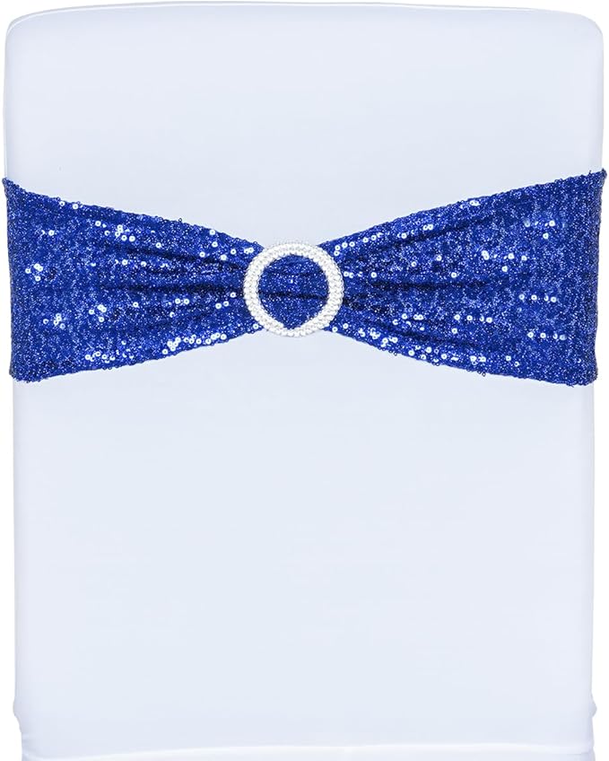 SquarePie Pack of 50 Sequin Chair Sashes Bands Glitter Navy Blue Double-Sided Sequins Stretch Chair Cover Bows with Buckle Slider for Wedding Party Fiesta Banquet Decor