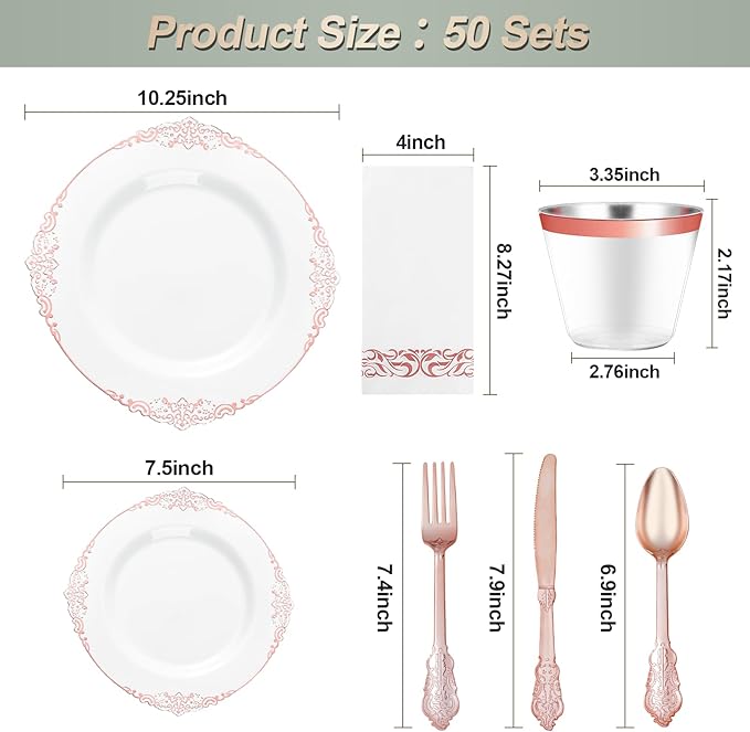 Bestluck 350PCS Rose Gold Plastic Plates for 50 Guests, Disposable Dinnerware Set Includes 100 Disposable Plates, 150 Rose Silverware, 50 Cups, 50 Napkins for Party, Wedding