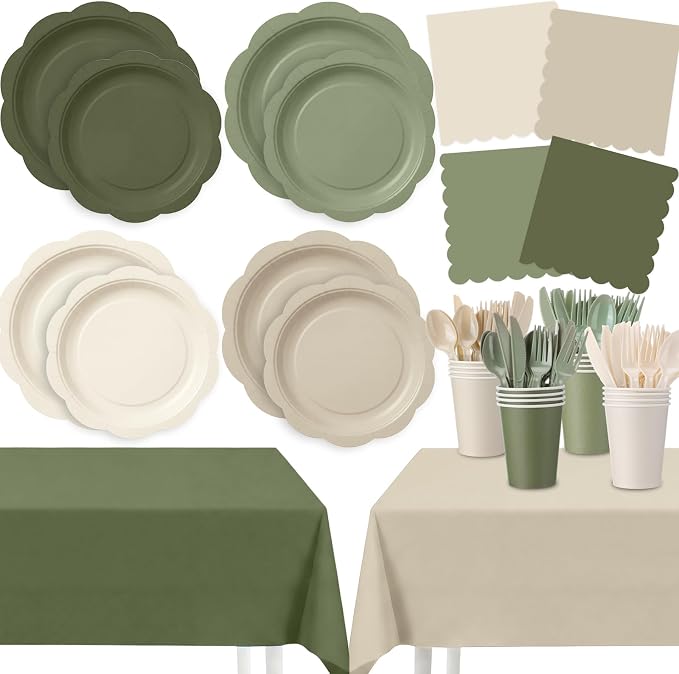 Ceenna 390 Pcs Sage Green Party Decoration for 48 Guests, Gradient Sage Green Beige Paper Plates Napkins Cups Tablecloth Cutlery Disposable Tableware Set for Birthday Baby Shower Wedding Party Supply