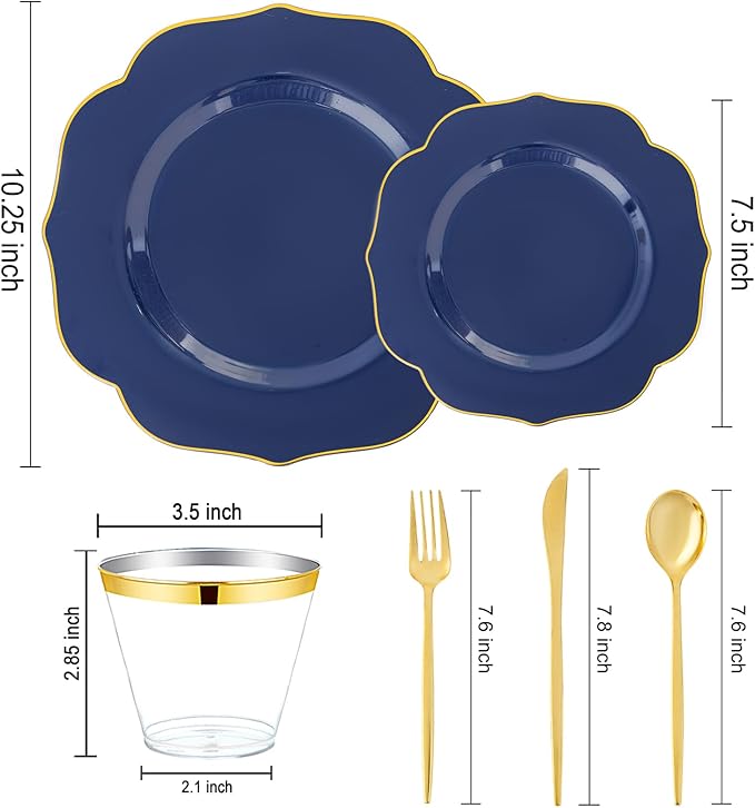 bUCLA 180PCS Blue Plastic Plates - Navy Blue and Gold Rim Disposable Include 30 Each (Dinner & Dessert) Plates, 30 Knives, 30 Forks, 30 Spoons and 30 Cups, Ideal for Party, Gathering & Graduation