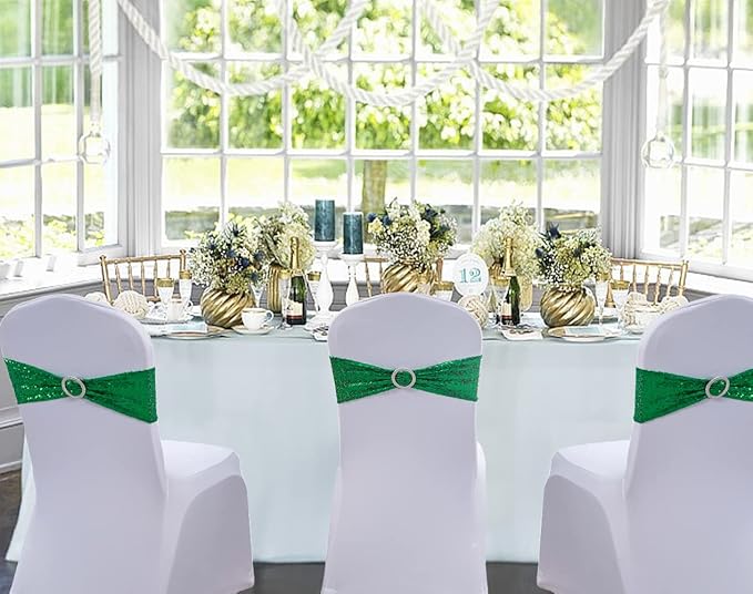 Sequin Green Chair Sashes 100 Pack Glitter Christmas Chair Bows Emerald Green Chairs Bands with Buckles for Wedding Birthday Party Bridal Shower Anniversary Engagement Events Decorations