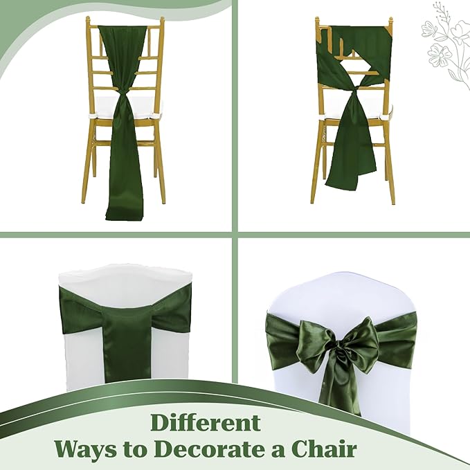 MDS Satin Chair Sashes, 150 Pack, 7”x108” Each, Decorative Chair Bows Ribbon Tie Backs for Wedding Party, Holiday Dinner, Birthday, Reception, Banquet, Hotel & Event Decoration - Olive Green