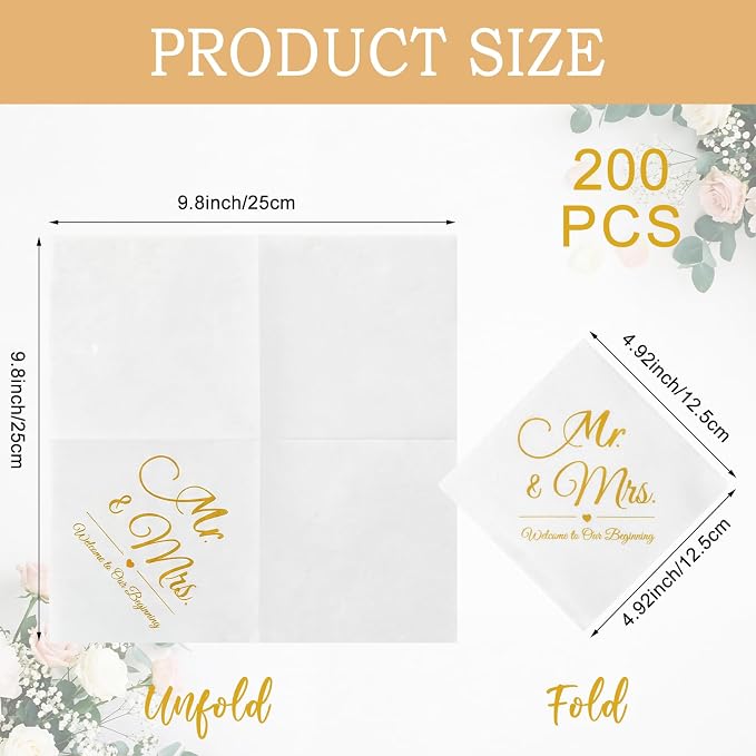 200 Pack Linen Feel Mr and Mrs Wedding Cocktail Napkins Disposable White and Gold Guest Linen Napkins for Wedding Party Reception Dessert Cake Table Decorations