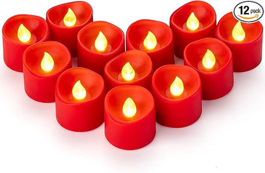 12 Pack Flameless Red Tea Light Battery Operated, Flickering LED Red Votive Candles Outdoor Flicker Electric Fake Tealight Candles Bulk for Christmas Halloween Wedding Romantic Party Decorations