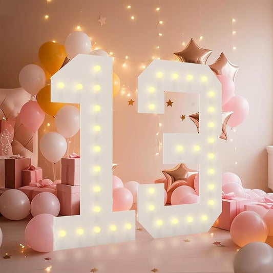4FT Light Up Numbers, Marquee Numbers 4 Feet Tall Giant Number 13 Mosaic Big Number Sign for 13th Birthday Party Backdrop Anniversary Decorations, Pre-Cut Large Frame