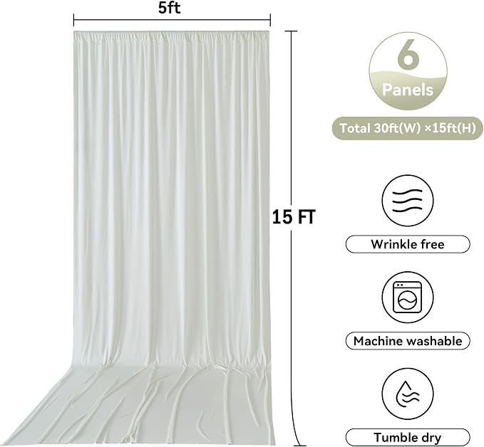 30ftx15ft Ivory Backdrop Curtains for Parties, Wrinkle Free Polyester Ivory Photo Backdrop Drapes 6 Panels 15 ft Long Back Drop Cloth for Wedding Birthday Photography Background Party