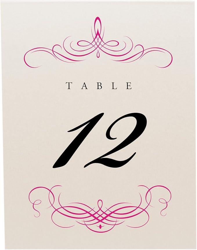 Decadent Flourish Wedding Table Numbers (Select Color/Quantity), Champagne, Fuschia, 1-55, Double Sided, Tent or Use in a Stand, Great for Parties & Restaurants - Made in the USA