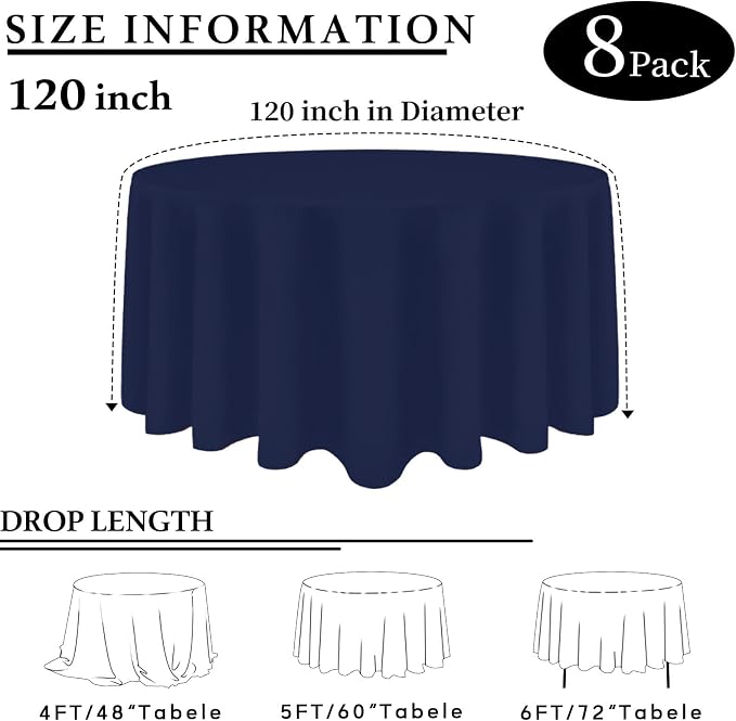 8 Packs 120 Inch Navy Blue Round Tablecloth in Diameter, Washable Polyester Fabric Tablecloths, Wrinkle Resistant Table Cloth for Wedding Party Banquet Dining