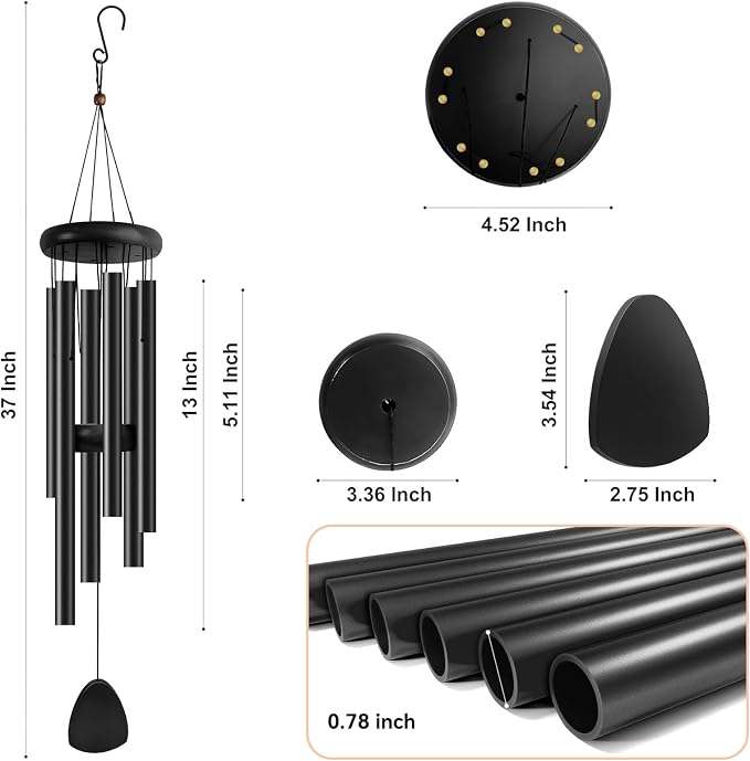 Bursvik Large Aluminium Wind Chimes 37 Inches to Create a Zen Atmosphere Suitable for Outdoor, Garden, Patio Decoration. Classic Wind Chimes with Wind Catcher as a Gift for Unisex(Whole Black)