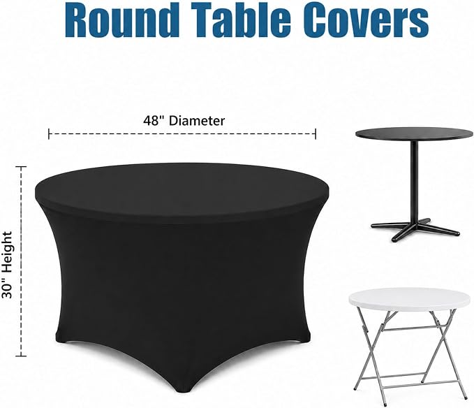 Round Table Covers - 6 Pack 48x30 Inch Table Cloth - Black Fitted Stretch Spandex Round Tablecloth for Party, Vendor, Birthday, Booth, Banquet