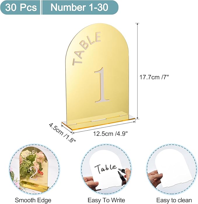 uxcell 30pcs 4.8 x 7 Inch Gold Arch Acrylic Sign with Stand, Acrylic Arch Table Number Holders for Wedding Table Centerpiece Decoration（Number 1-30）