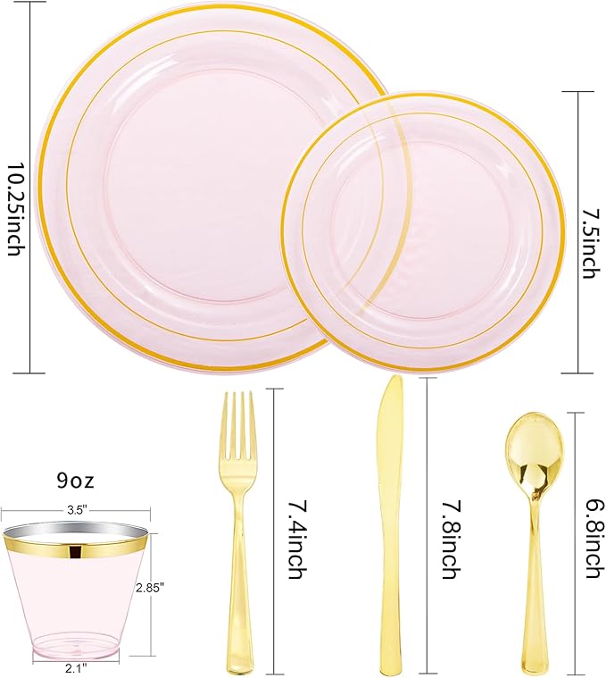 WELLIFE 350Pcs Clear-Pink Plastic Dinnerware- Pink and Gold Plastic Dinnerware include 50 Dinner Plates, 50 Dessert Plates, 150 Gold Silverware, 50 Cups and 50 Napkins Perfect for Parties