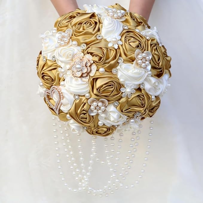 Ivory and Gold Bridal Wedding Bouquet with Rhinestone Brooch Pearl String Cascade Bouquet for Bride Bridesmaid Quinceanera Satin Rose Flower Bouquet Wedding Ivory and Gold 9.8in