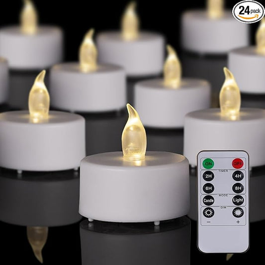 PUNPUBA LED Tea Light Remote ControlCandles,Flickering Flameless LED Candle,Long Lasting 400+Hours,Battery Operated with Timer for Home Decoration Seasonal &Festival Celebration WarmWhite (24pcs)