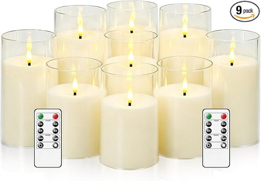 kakoya Flickering Flameless Candles Battery Operated with Remote and 2/4/6/8 H Timer Acrylic Led Pillar Candles Pack of 9 (D 3" xH 4" 5" 6") with Realistic 3D Wick Candles for Home Decor(Ivory)