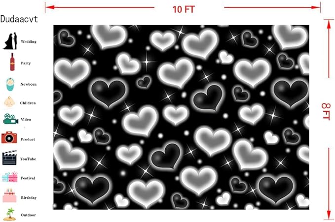 Dudaacvt 10X8FT Black Heart Photo Backdrop 90s Backdrops for Photoshoot Valentine's Day Backdrop Women Men Happy Birthday Photography Background Banner Photo Booth Studio Props D695