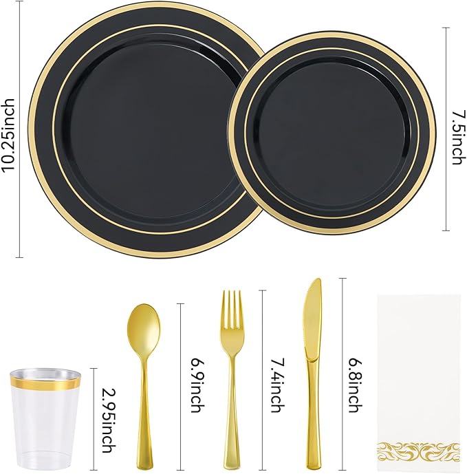Fijinhom 175 Pcs Black Gold Disposable Plates for 25 Guests, Disposable Plastic Plates, Dinnerware Set Include 25 Dinner Plates, 25 Salad Plates,25 Cups, 25 Paper Napkins for Party, Wedding