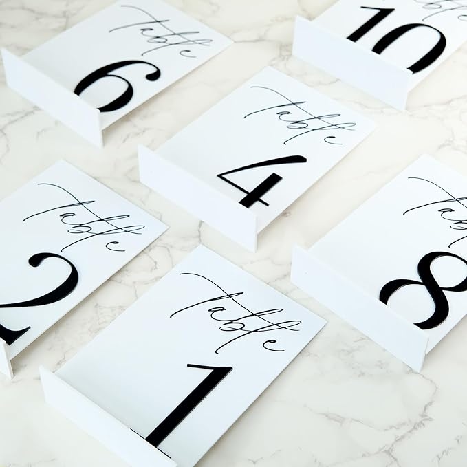 Acrylic Wedding Table Numbers 1-10 with Stands, 5"x7" White Acrylic Place Cards with 3D Black Numbers, White and Black 3D Table Numbers for Wedding Reception, Anniversary, Event