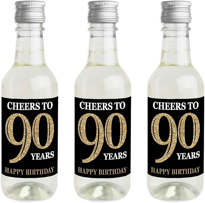 Big Dot of Happiness Adult 90th Birthday - Gold - Mini Wine and Champagne Bottle Label Stickers - Birthday Party Favor Gift for Women and Men - Set of 16