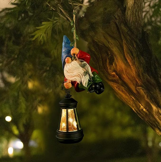 Solar Hanging Gnome Garden Statues Climbing Rope Gnome with LED Lantern Summer Outdoor Decor Tree Hugger Yard Porch Wall Fence Decoration Mother's Day Birthday Gifts for Mom Women