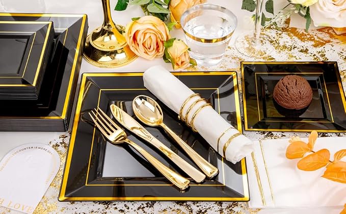 Festiva 350Pcs Black and Gold Plastic Plates-50Guests Disposable Square Black Dinnerware Set include 100 Plastic Plates,50Cups,150Plastic Cutlery,50Napkins for Birthday Party &Wedding&Graduation