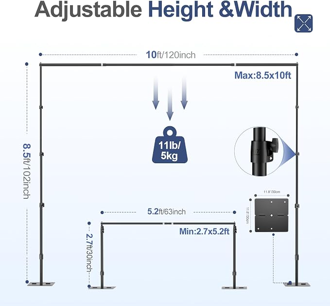 EMART Backdrop Stand,10x8.5ft(WxH) Adjustable Photo Background Stand with Upgrade Rod,Heavy Duty Flat Base,Metal Pipe and Drape Frame for Wedding,Birthday Party,Decorations,Photography Studio