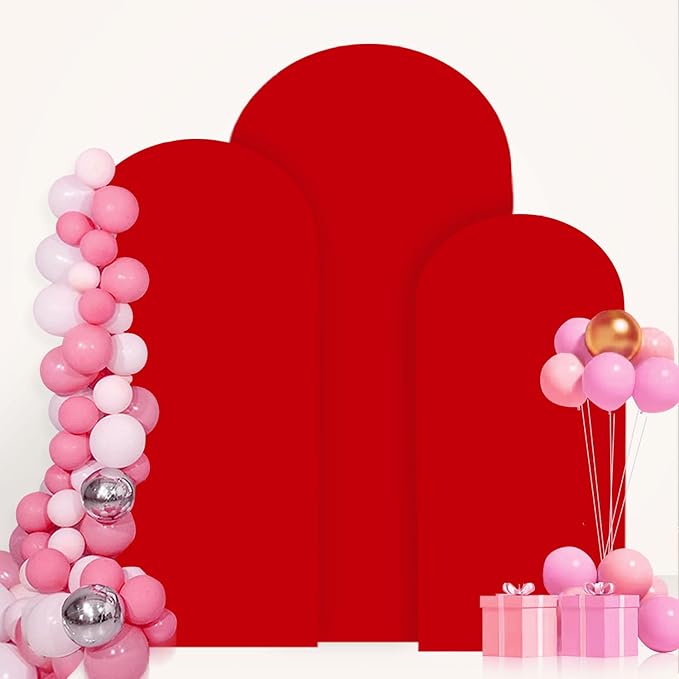 FANPROMS Arch Covers Set of 3 Red Wedding Arch Cover 7.2FT 6.6FT 6FT Arch Spandex Covers for Metal Frame Stand Balloon Arched Stand Cover Round Top Backdrop Fabric for Wedding Birthday Party Decor