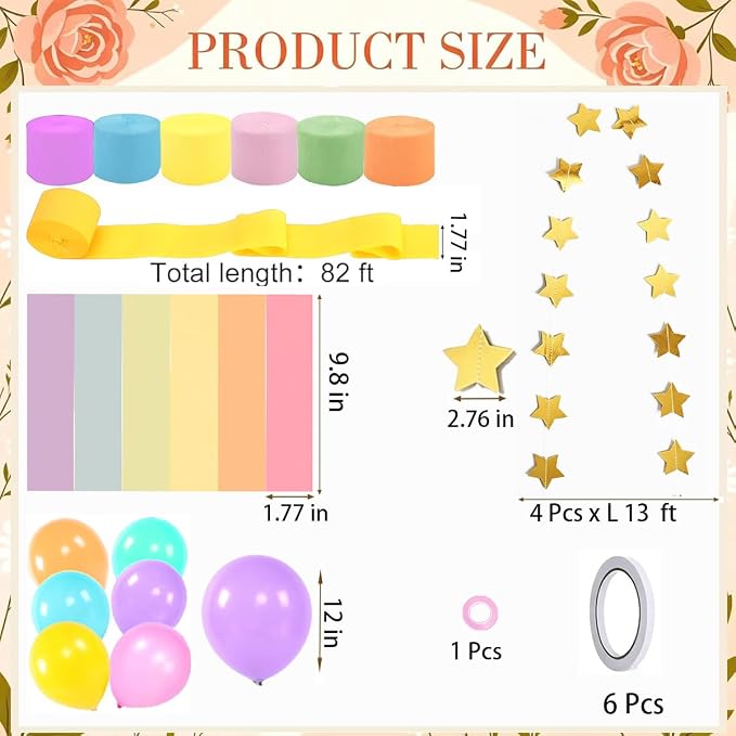 Pastel Paper Chain Garland Party Decorations Include 400 Sheet Paper Chain Strips,492ft Crepe Paper Streamers,52ft Star Strips Hanging,24 Balloons for Kid's Birthday Wedding Party Supplies