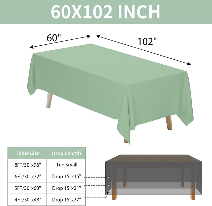 Fixwal 3 Pack Sage Green 60 x 102 Inch Rectangle Tablecloths, Reusable Heavy Duty Washable Polyester Table Covers for 6 Ft Tables, Wedding, Baby Shower, Boho Party, Outdoor, Picnic