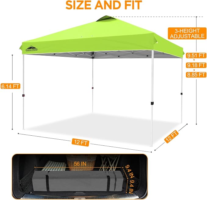 EAGLE PEAK Pop Up Canopy Tent with Wheeled Carry Bag, 8 Stakes, 4 Ropes, 4 Weight Bags, Easy Set Up Tent Canopy, 12x12 ft, 144sqft of Shade, Neon Green