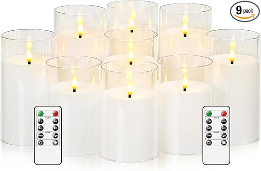 kakoya Flickering Flameless Candles Battery Operated with Remote and 2/4/6/8 H Timer Acrylic Led Pillar Candles Pack of 9 (D 3" xH 4" 5" 6") with Realistic 3D Wick Candles for Home Decor(White)