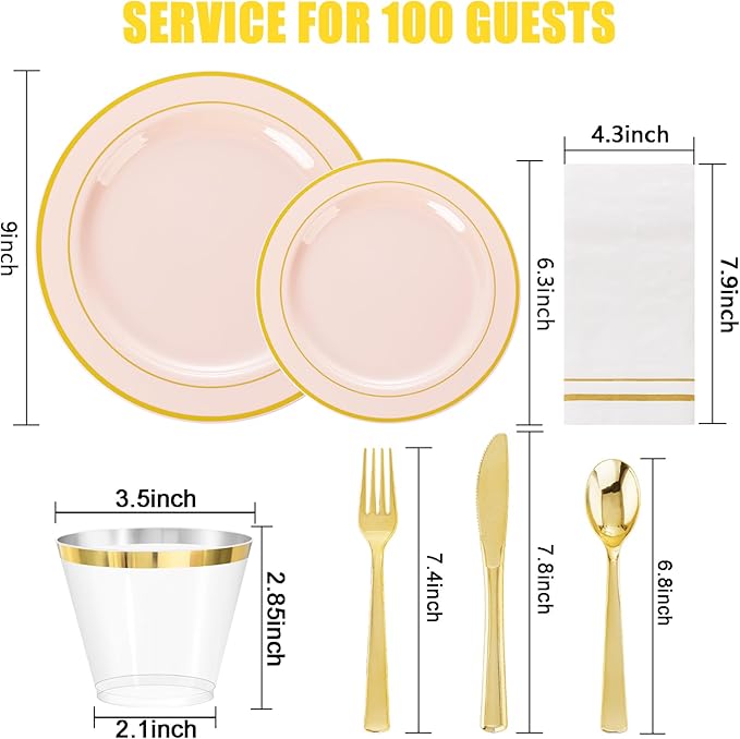 GATHER 700PCS Pink Plastic Plates - Gold Rim Disposable Plastic Dinnerware Set Include 200 Pink Plates, 300 Silverware, 100 Napkins, 100 Cups for Party & Wedding & Mother's Day