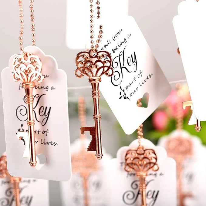 100 PCS Wedding Favors Bottle Opener,Vintage Skeleton Key Bottle Opener,Key Bottle Openers with Escort Tag Cards and Key Chains Wedding Gifts for Guest（Rose Gold）