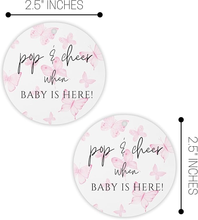 Pop and Cheer When Baby is Here Butterly Hang Tag | 30pk 2.5” Circle Butterflies Floral Cards Stickers Modern Minimalist Champagne Tags Baby Shower Party Favors Ribbon